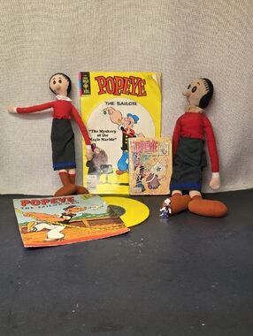 Vtg 1992 Olive Oyl Oil Plush Dolls,78rpm Popeye Record, Comic, Big Little Book